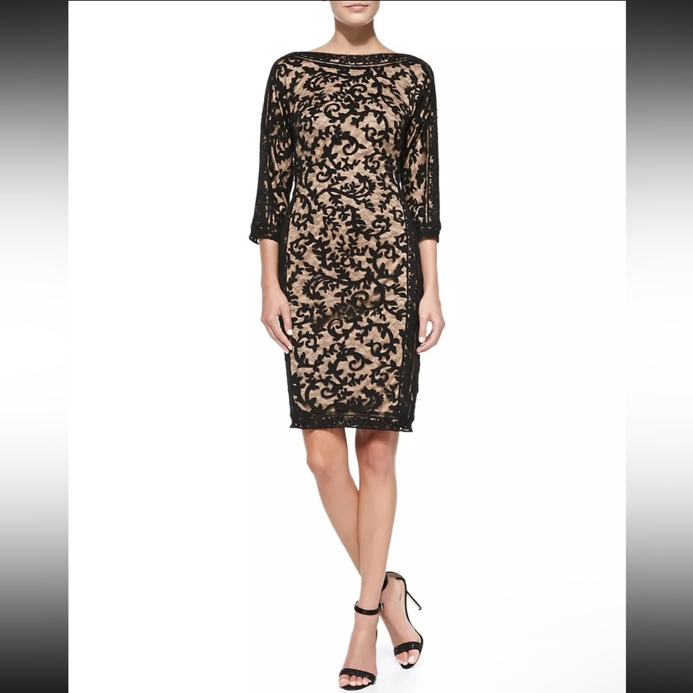 Tadashi Shoji Embroidered Lace Boatneck 3/4 Sleeve Panel Dress Black Nude Sz 10